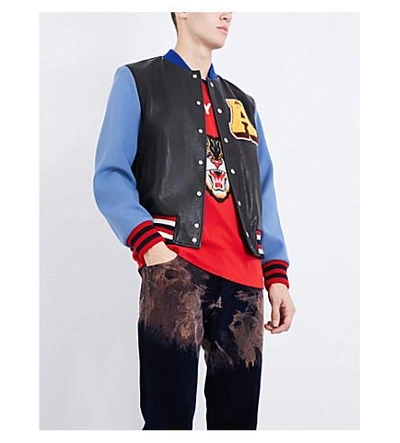 Shop Gucci Patch-appliquéd Leather And Wool Bomber Jacket In Black Pale Blue