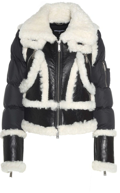 Shop Dsquared2 Leather And Shearling Inserts Nylon Down Jacket In Nero