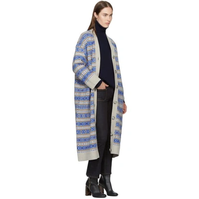Shop Stella Mccartney Beige & Blue Striped Long V-neck Cardigan