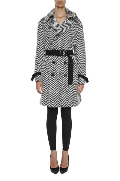 Shop Saint Laurent Chevron Wool Trench Coat In Noir-blancbianco