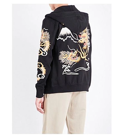 Shop Maharishi Dragon-embroidered Cotton-jersey Hoody In Black