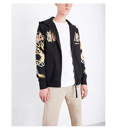 Shop Maharishi Dragon-embroidered Cotton-jersey Hoody In Black