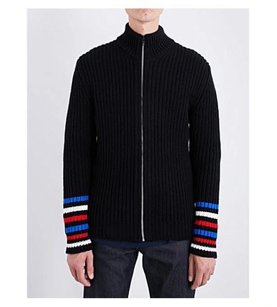 Shop Tommy Hilfiger Hilfiger Editions Stripe-detailed Wool-blend Cardigan In Flag Black