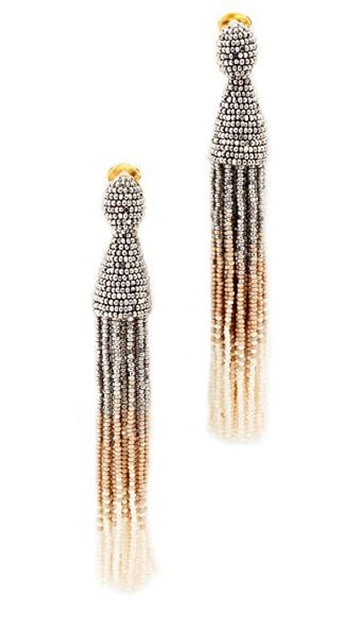 Shop Oscar De La Renta Long Ombre Beaded Tassel Clip On Earrings In Silver