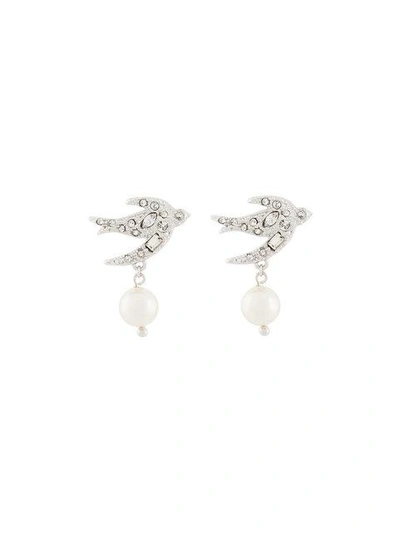 Shop Miu Miu Crystal And Faux Pearl Embellished Swallow Earrings In Metallic