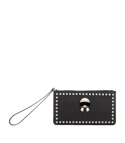Shop Fendi Karlito Embellished Leather Wristlet Wallet In Black