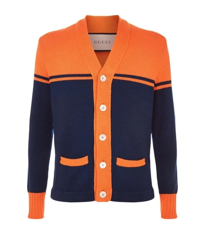 Shop Gucci College Knit Wool Cardigan In Navy
