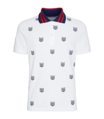 Shop Gucci Tiger Head Contrast Collar Polo Shirt In White