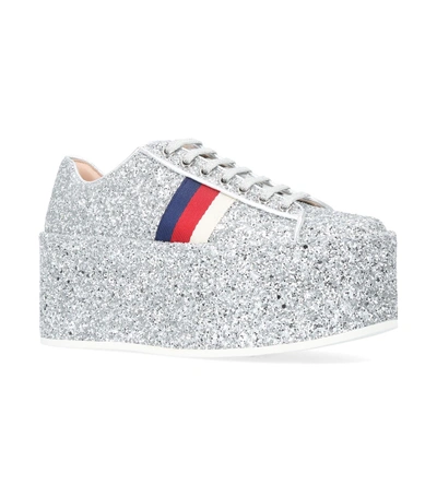 Shop Gucci Glitter Peggy Platform Sneakers In Silver