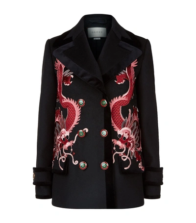 Shop Gucci Appliqué Dragon Wool Coat In Black