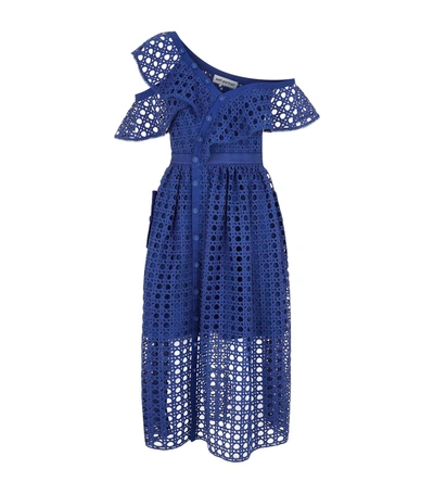 Shop Self-portrait Guipure Lace Asymmetric Midi Dress In Blue