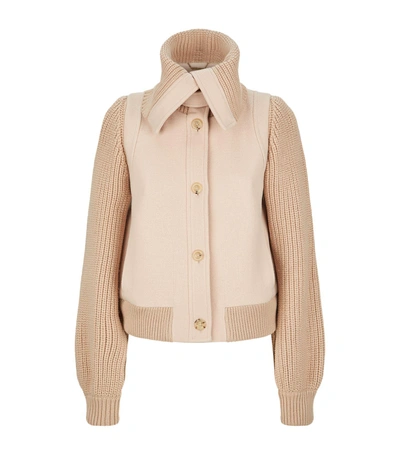 Shop Chloé Fold Over Collar Knit Jacket In Pink