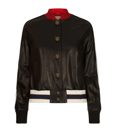 Shop Gucci Embroidered Leather Bomber Jacket In Black