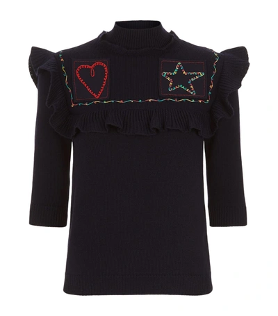 Shop Valentino Embroidered Frill Knit Sweater In Navy