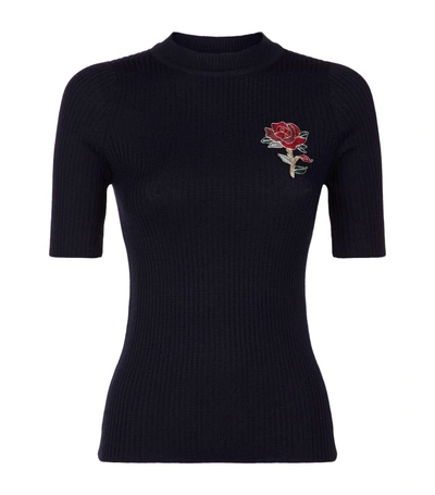 Shop Sandro Embroidered Rose Ribbed Sweater In Blue