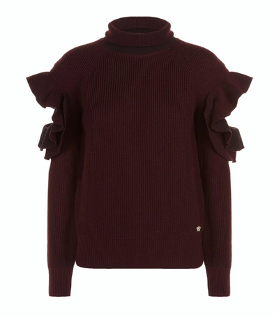 Shop Versace Knitted Ruffle Turtle Neck Sweater In Red