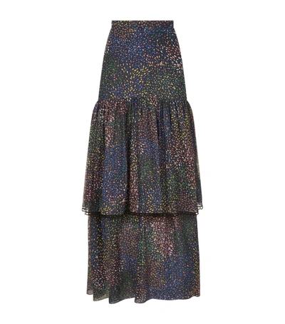 Shop Chloé Printed Tiered Maxi Skirt In Navy
