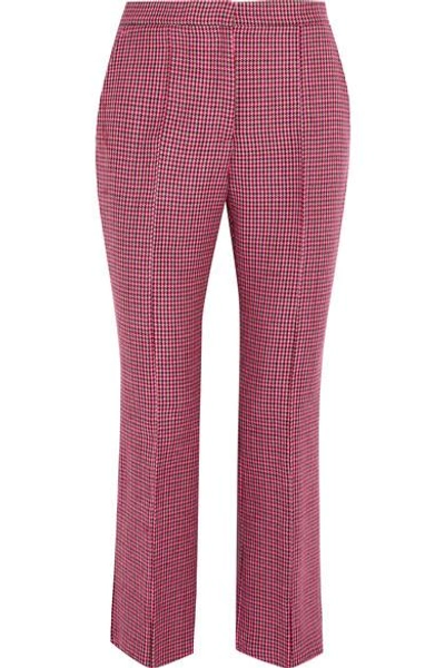 Shop Msgm Cropped Houndstooth Wool Flared Pants In Pink