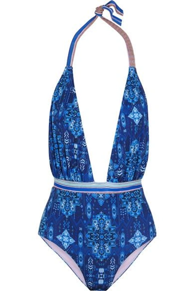 Shop Matthew Williamson Printed Halterneck Swimsuit In Blue