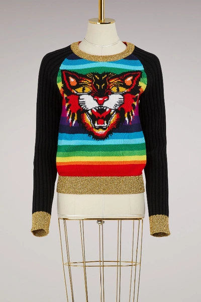 Shop Gucci Angry Cat Wool Sweater In Gold/multicolor