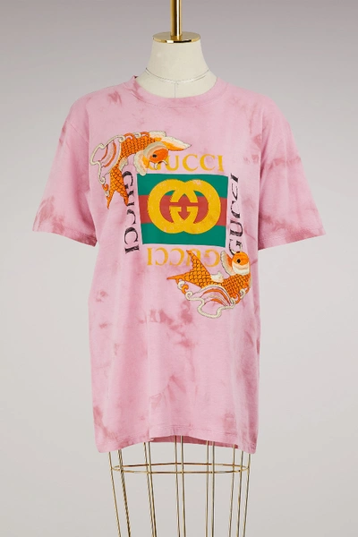 Shop Gucci Fish Embroidered Cotton T-shirt In Pink Printed