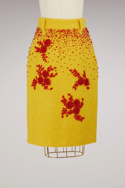 Shop Prada Embroidered Wool Skirt In Yellow