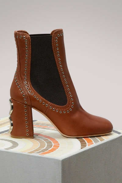 Shop Miu Miu Studded Leather Ankle Boots In Tabacco