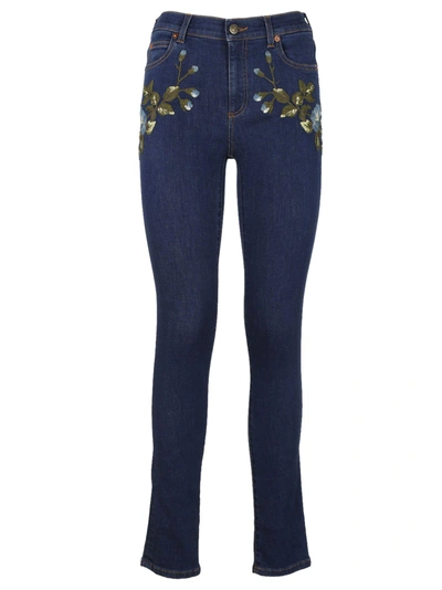 Shop Gucci Floral Embroidered Skinny Jeans In Blue