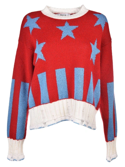 Shop Msgm Star Ribbed Knit Sweater In Red-blue