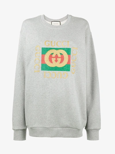 Shop Gucci Grey Glitter Logo Sweatshirt