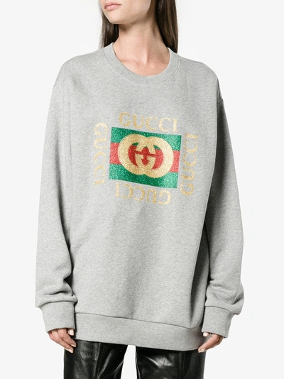 Shop Gucci Grey Glitter Logo Sweatshirt