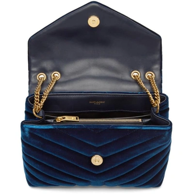 Shop Saint Laurent Navy Small Velvet Loulou Chain Bag