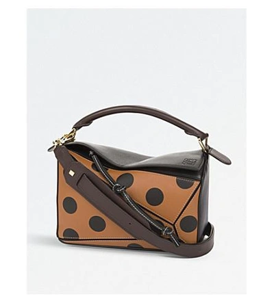 Shop Loewe Puzzle Polka-dot Leather Shoulder Bag In Black/tan/brown