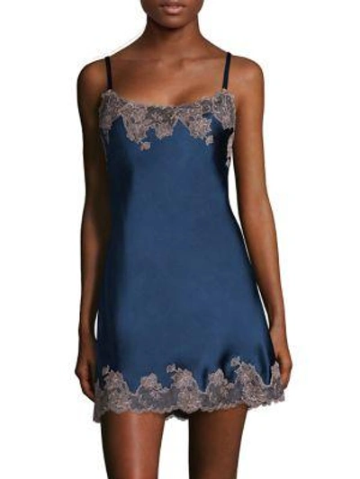 Shop Josie Natori Lace-trim Silk Chemise In Black