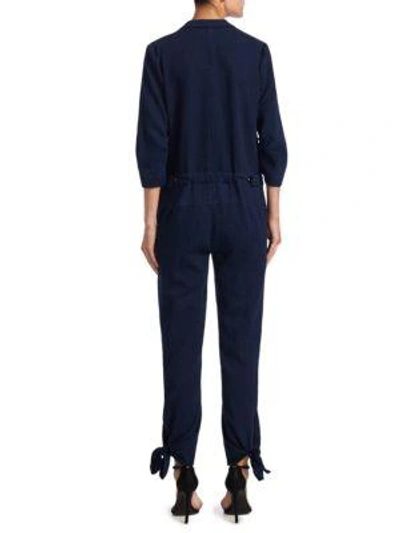 Shop Halston Heritage Notch Lapel Tapered Jumpsuit In Washed Denim
