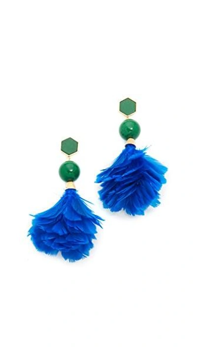 Shop Tory Burch Feather Drop Earrings In Lapis/vintage Gold
