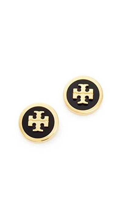Shop Tory Burch Raised Logo Stud Earrings In Black/tory Gold