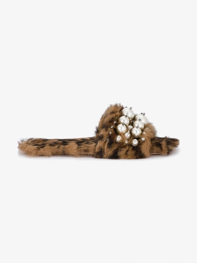 Shop Miu Miu Leopard Print Fur Pearl Lyn Slides