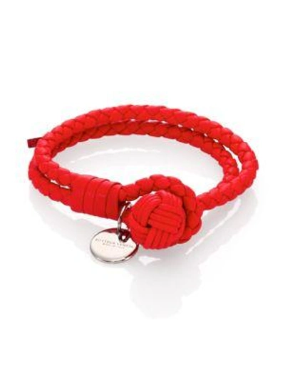 Shop Bottega Veneta Intrecciato Leather Double-row Wrap Bracelet In Red