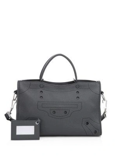 Shop Balenciaga Small Blackout City Leather Shoulder Bag In Gris Fossi