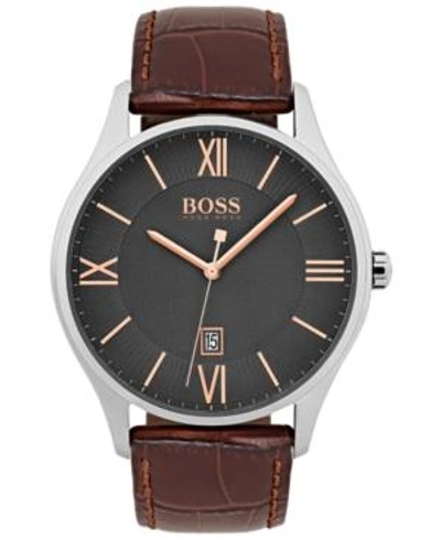Shop Hugo Boss Men's Governor Dark Brown Leather Strap Watch 44mm 1513484