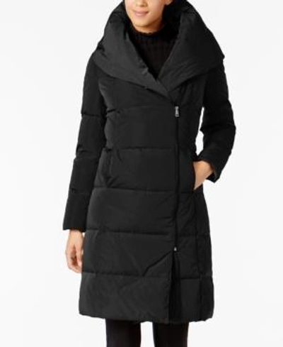 Shop Cole Haan Women's Signature Asymmetrical Pillow-collar Down Puffer Coat In Black