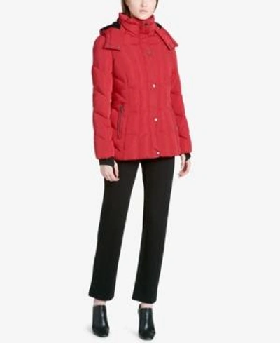 Shop Calvin Klein Hooded Puffer Coat In Crimson