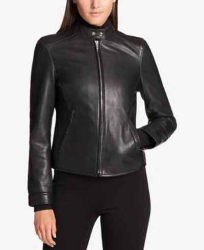 Shop Dkny Leather Moto Jacket In Black