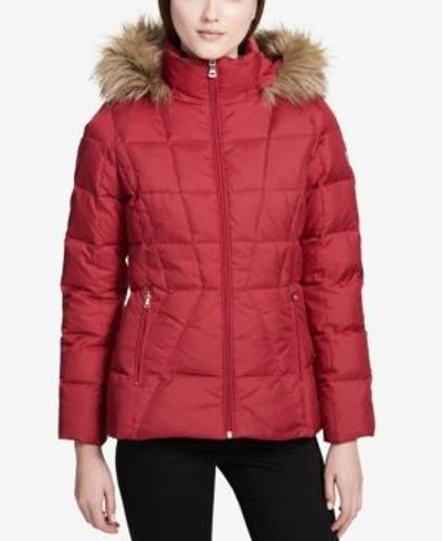 Shop Calvin Klein Faux-fur-lined Down Coat In Crimson