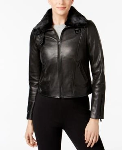 Shop Andrew Marc Rabbit-fur-collar Leather Jacket In Black