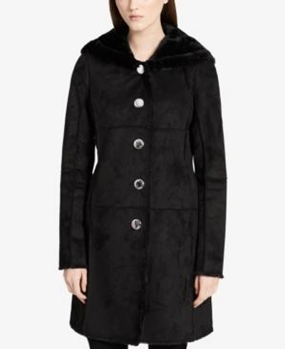 Shop Calvin Klein Hooded Faux-shearling Walker Coat In Black