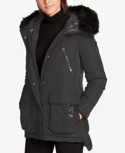 Shop Dkny Faux-fur-trim Quilted-back Puffer Coat In Charcoal
