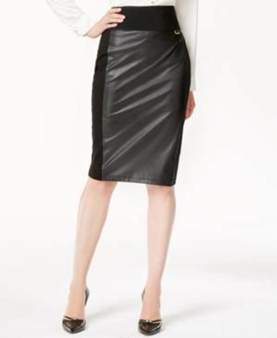 Shop Calvin Klein Faux-leather Panel Pencil Skirt In Black