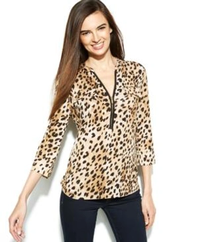 Shop Calvin Klein Roll-tab Cheetah-print Zip-front Top In Black/neutral